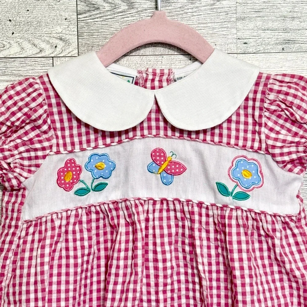 Good Kidz Pink Gingham Bubble Romper Floral‎ Butterfly 3-6M Peter Pan Collar